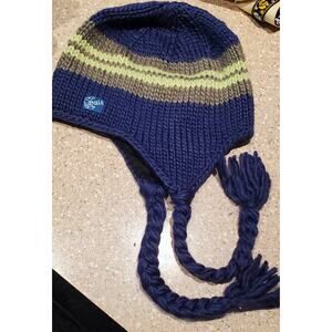Bula Knit Hat Beanie Fleece Lined Earflaps Stripes Blue Grey Yellow Unisex New